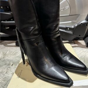 Sleek Black Heeled Boots with Rhinestone Detail